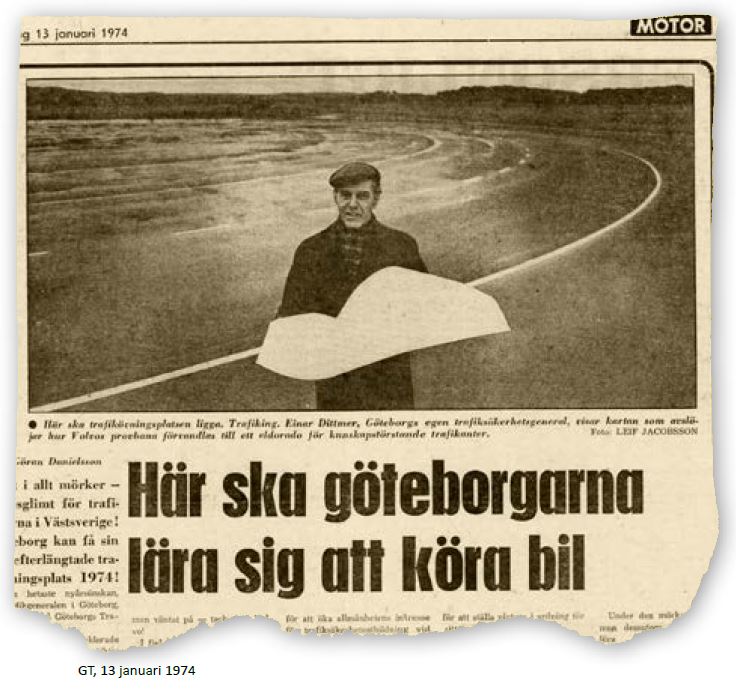 Ett tidningsurklipp som visar en man på halkkörningsbanan 1974